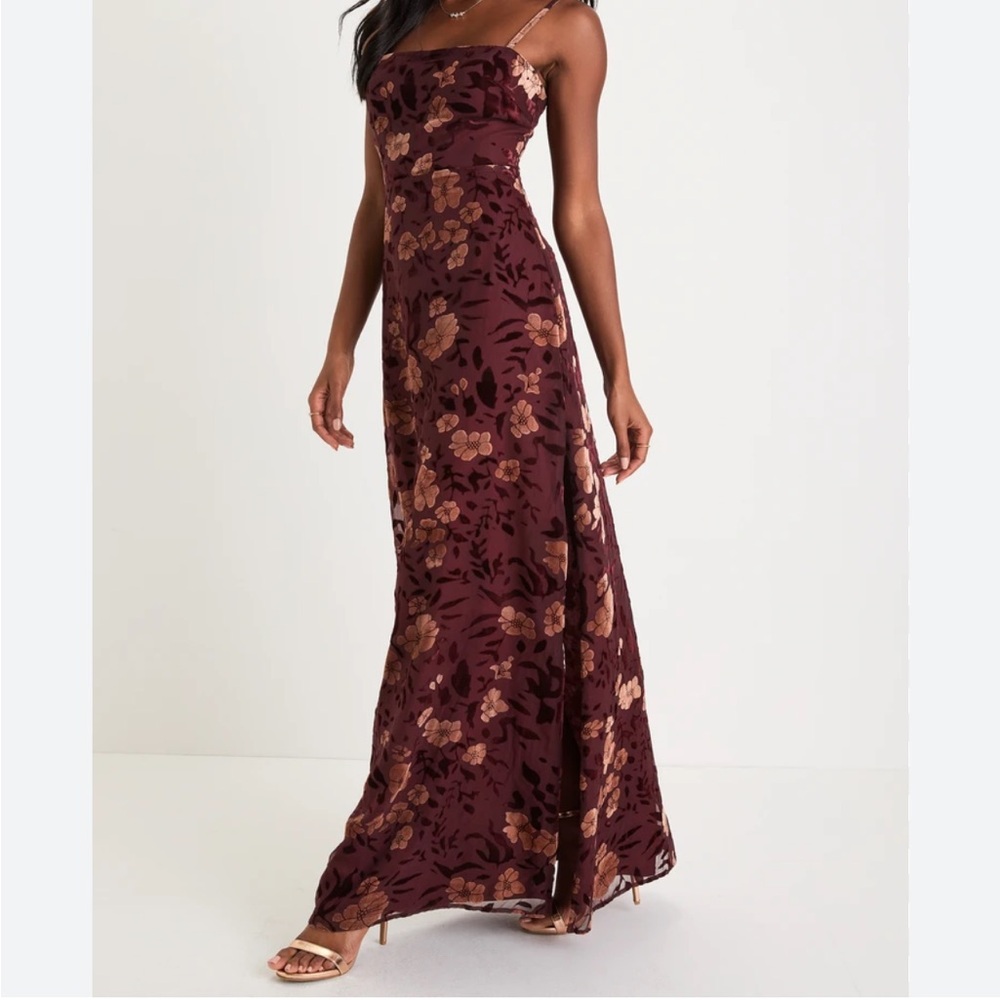 Effortless Celebration Burgundy Floral Burnout A-Line Maxi Dress Size L